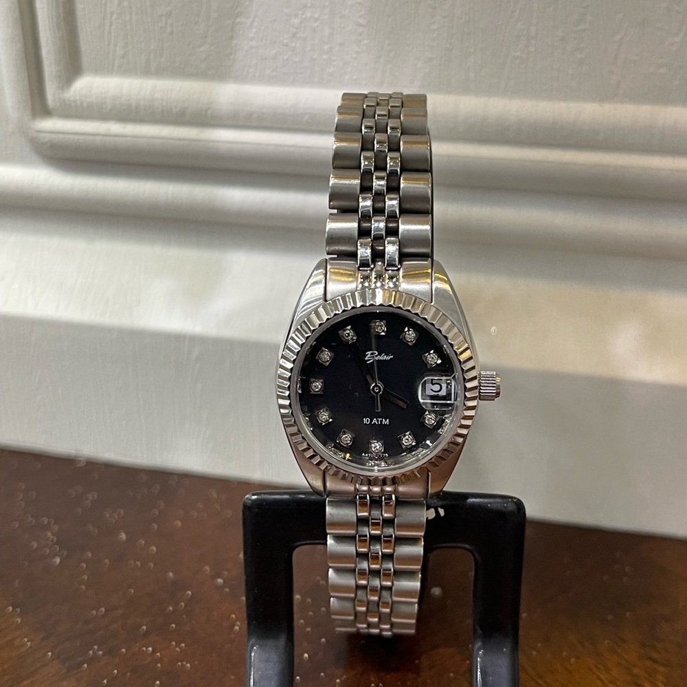 Silver and Black Watch with Diamond Accents